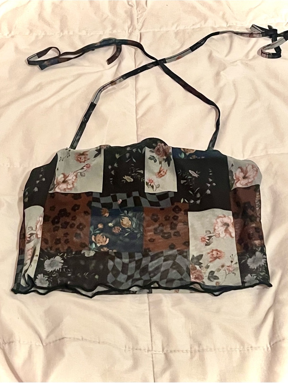 SHEIN Patchwork Floral Halter Crop Top - Black, Brown, Cream, Blue